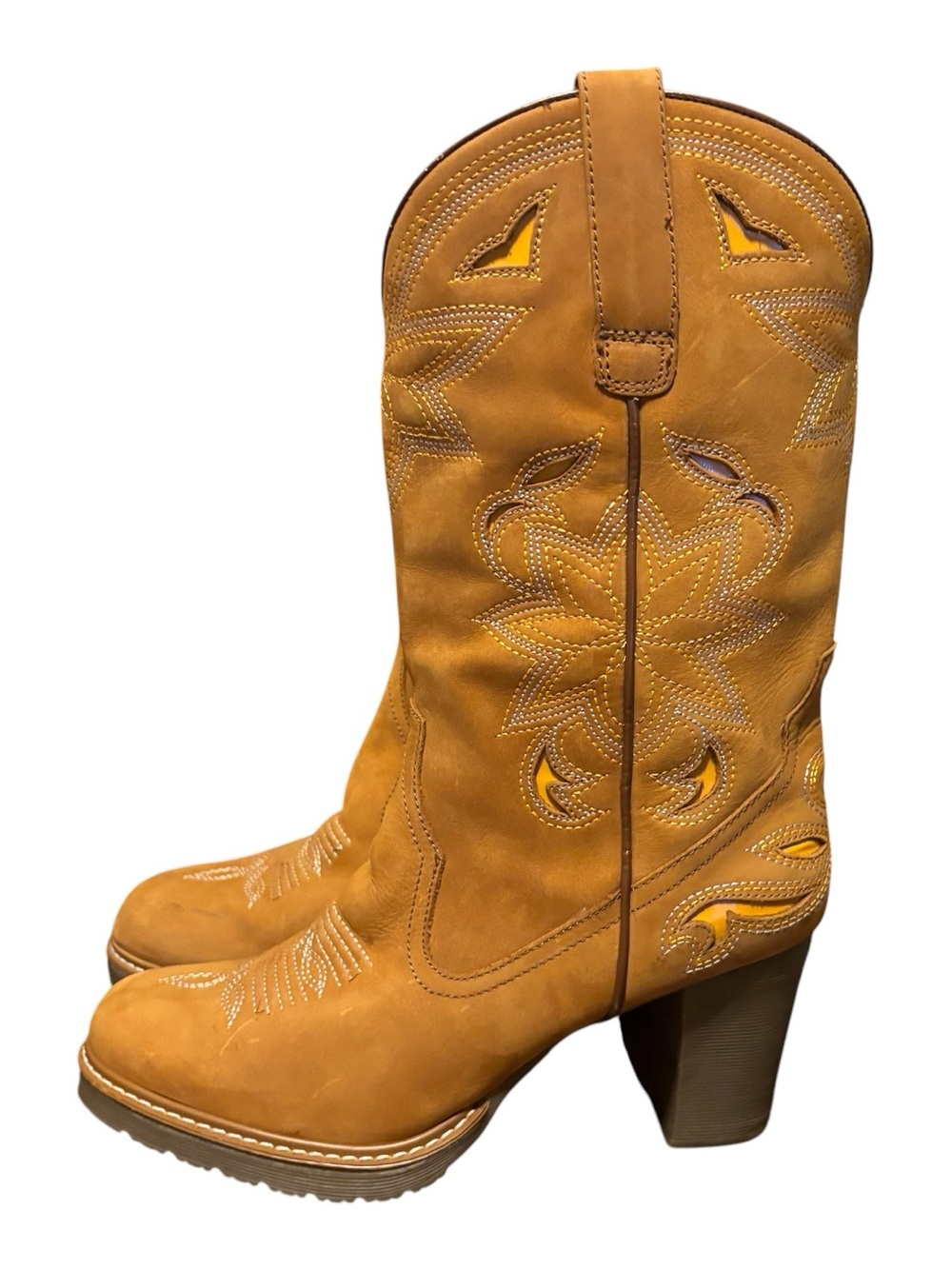 Roper Women's Tan Western Embroidered Stacked Heeled Boots Yellow Cutout Detail